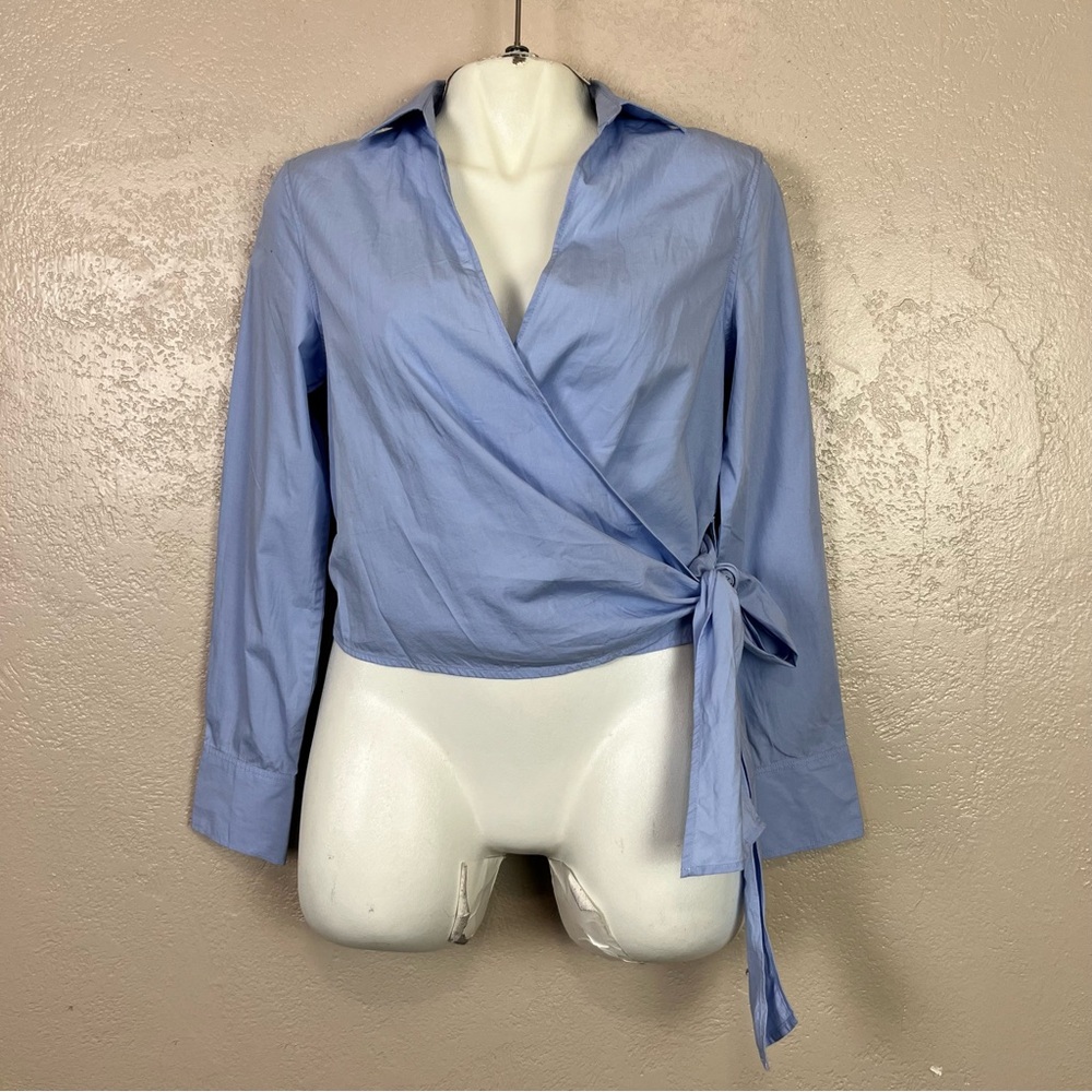 Gap Woman Small Blue WRAP Crop BLOUSE V- Neck long sleeve‎